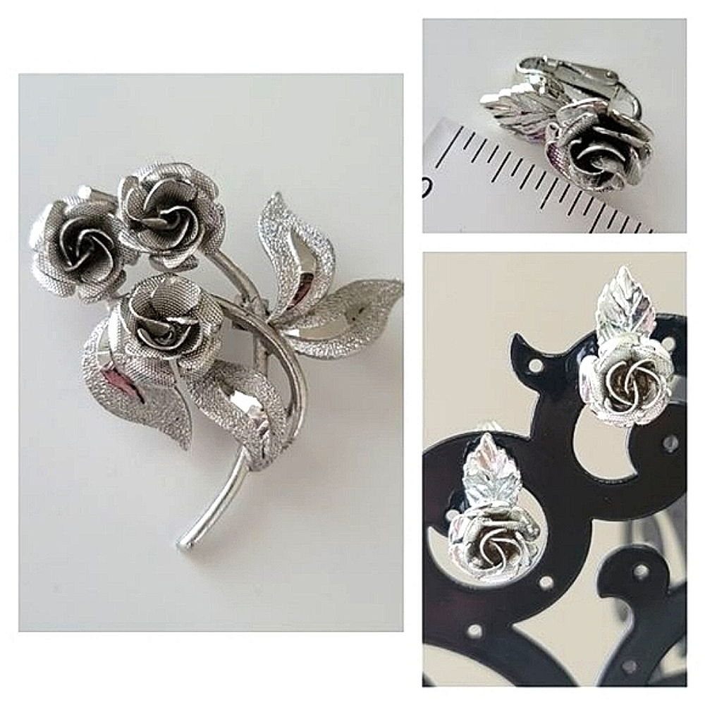Silver Tone Rose Brooch & Clip On Earrings #0140